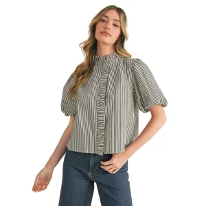 En Merci En Wom Denim Blue Stripe Ruffle Top
