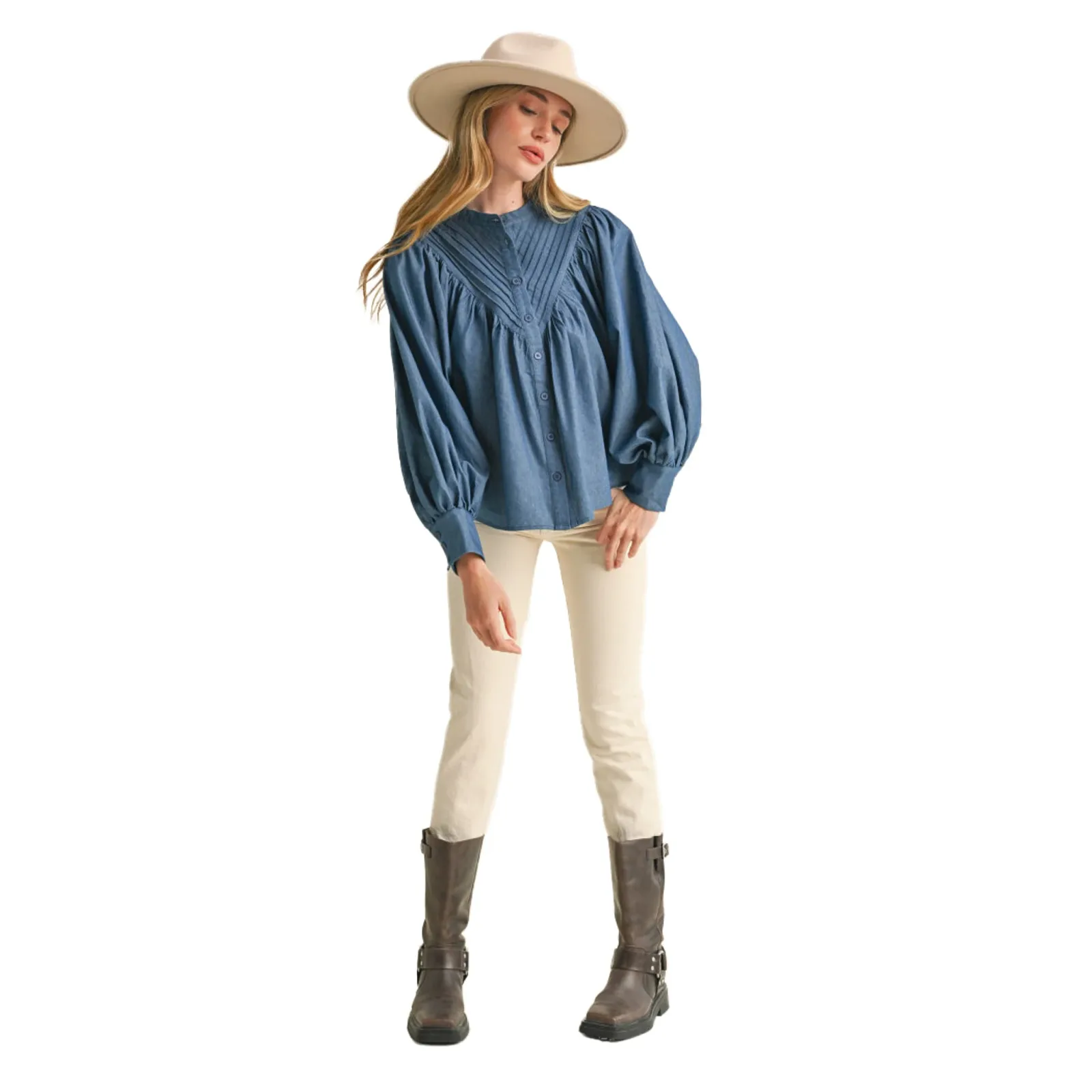 En Merci Wom Blue Denim Bat Wing Sleeve Top - Image 2