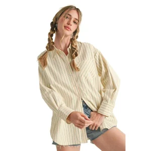 En Merci Wom Cream & Green Stripe Button Shirt
