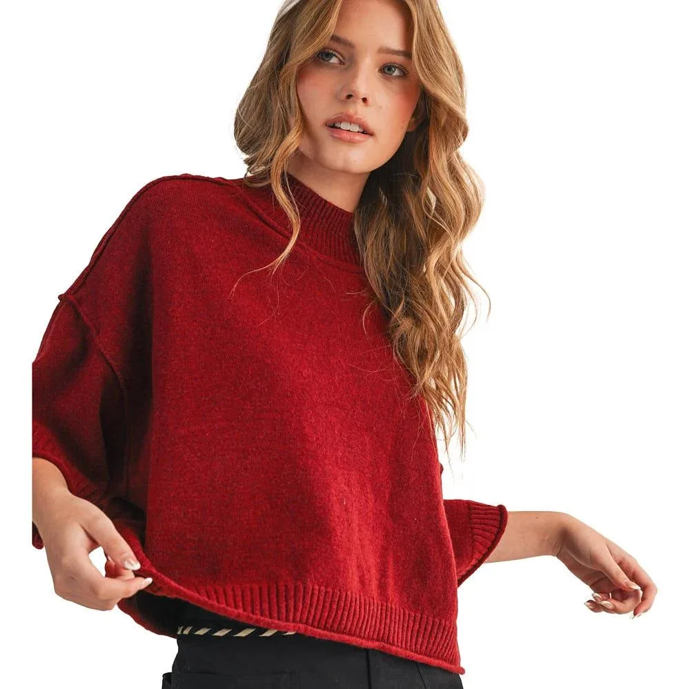 En Merci Wom Dark Wine Marled Mock Neck Top