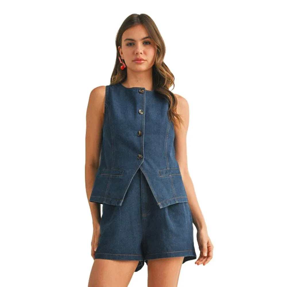 En Merci Wom Indigo Denim Vest Short Set