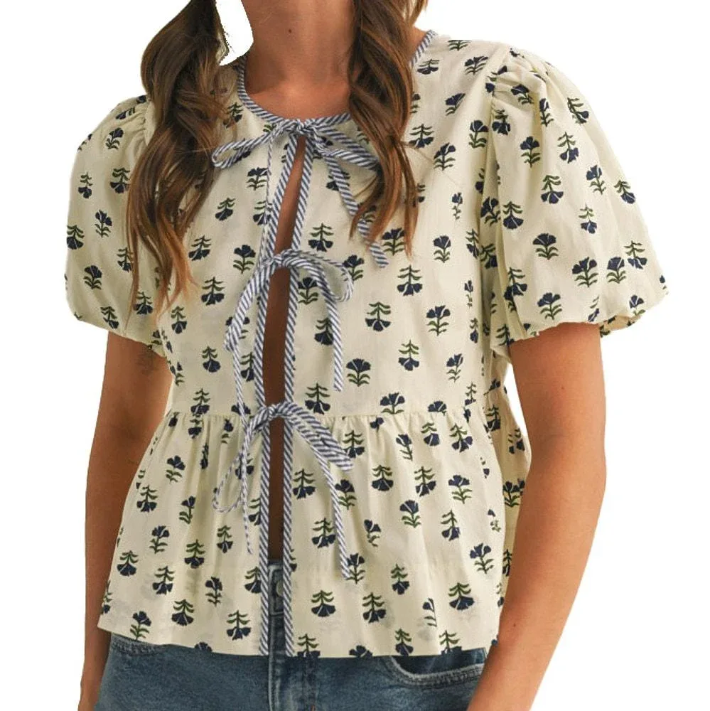 En Merci Wom Ivory Floral Tie Front Top