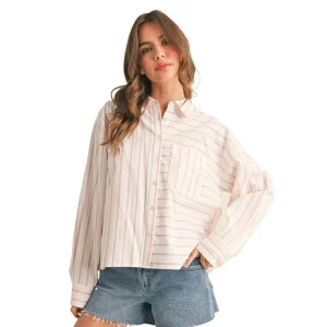 En Merci Wom Ivory & Pink Stripe Boxy Top