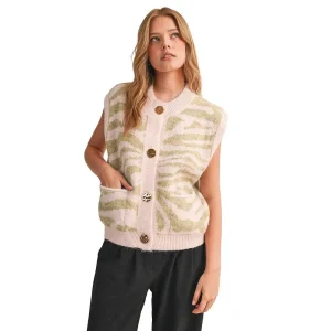 En Merci Wom Pink Sage Tiger Stripe Sweater Vest