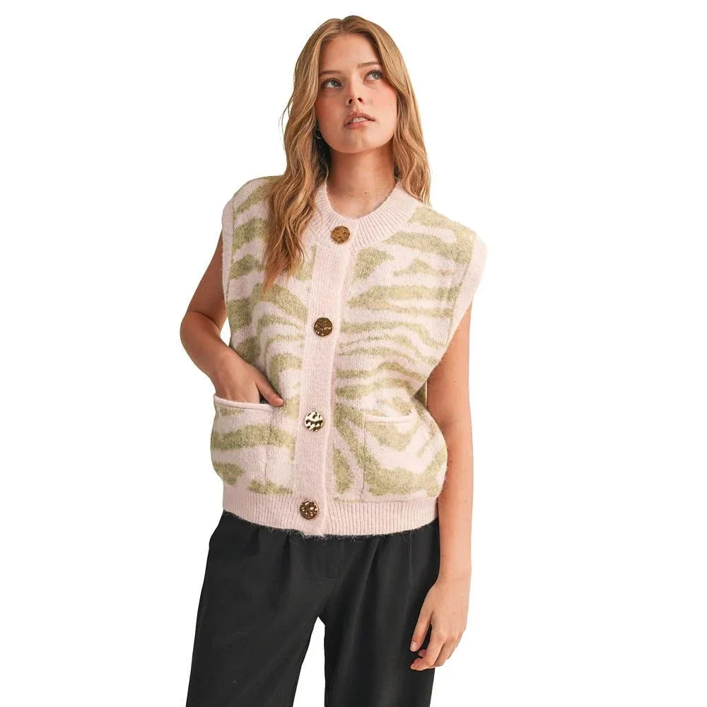 En Merci Wom Pink Sage Tiger Stripe Sweater Vest