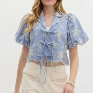 Entro Womens Blue Floral Embroidered w/Tie Front Top
