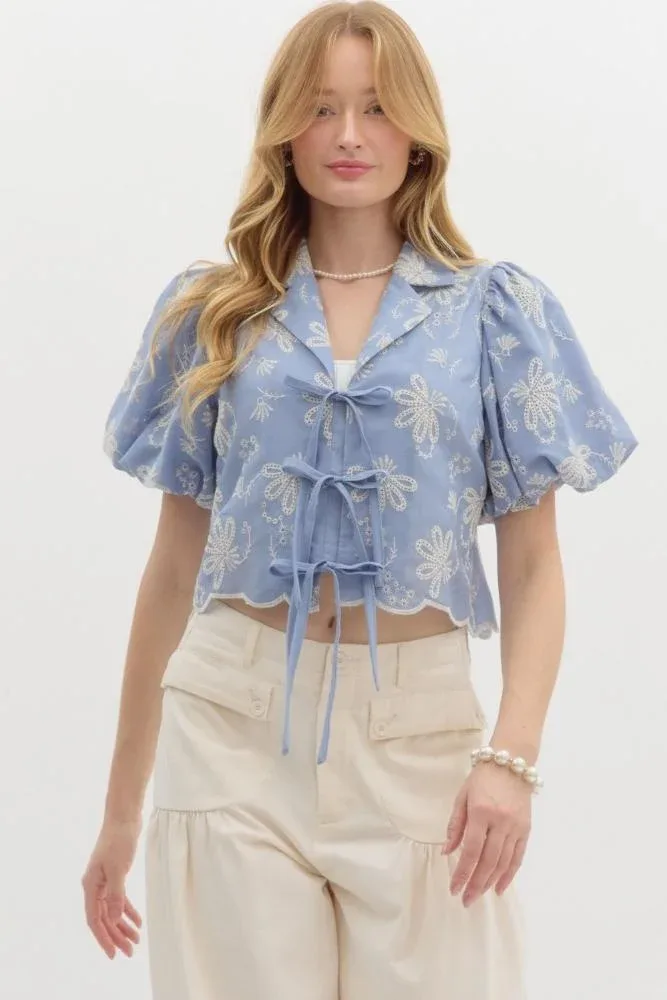 Entro Womens Blue Floral Embroidered w/Tie Front Top