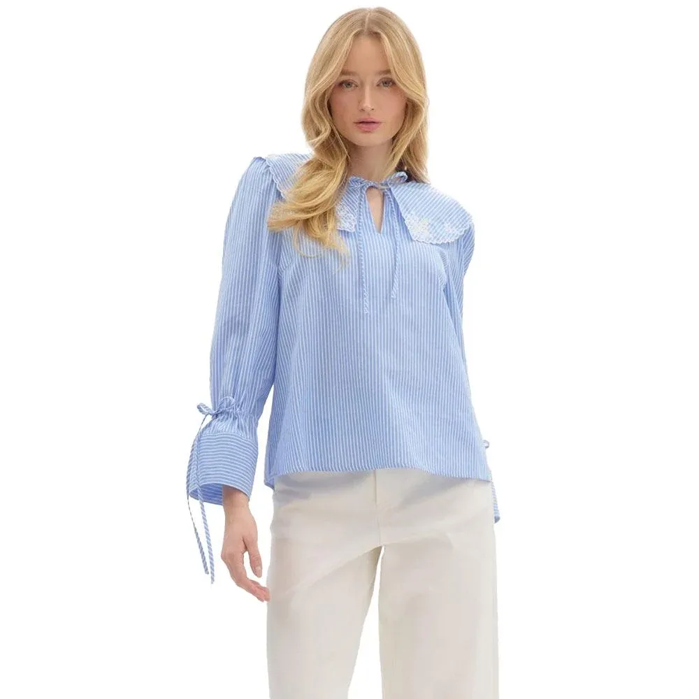 Entro Women's Blue Stripe Embroidered Collar Top