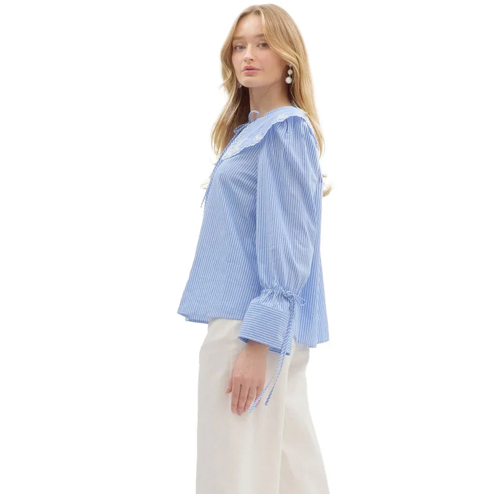 Entro Women's Blue Stripe Embroidered Collar Top - Image 2