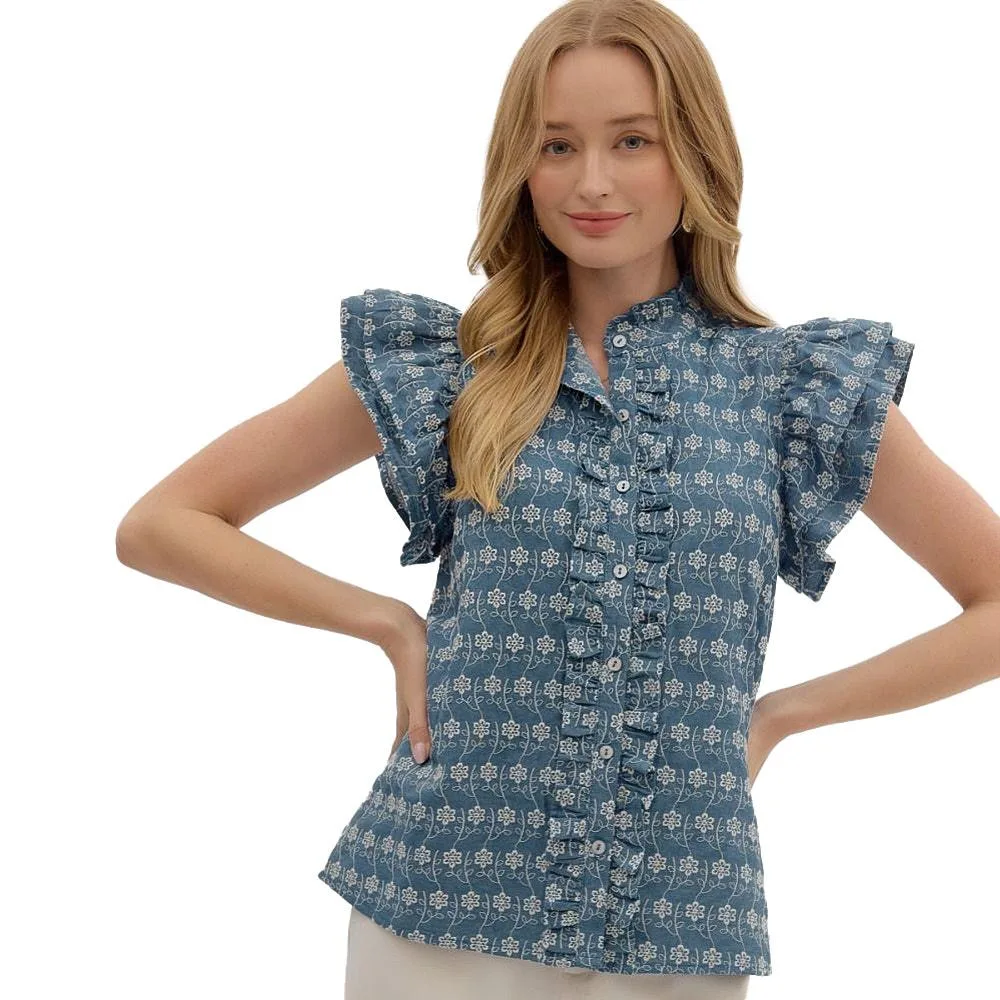 Entro Women's Denim Ruffle Sleeve Top