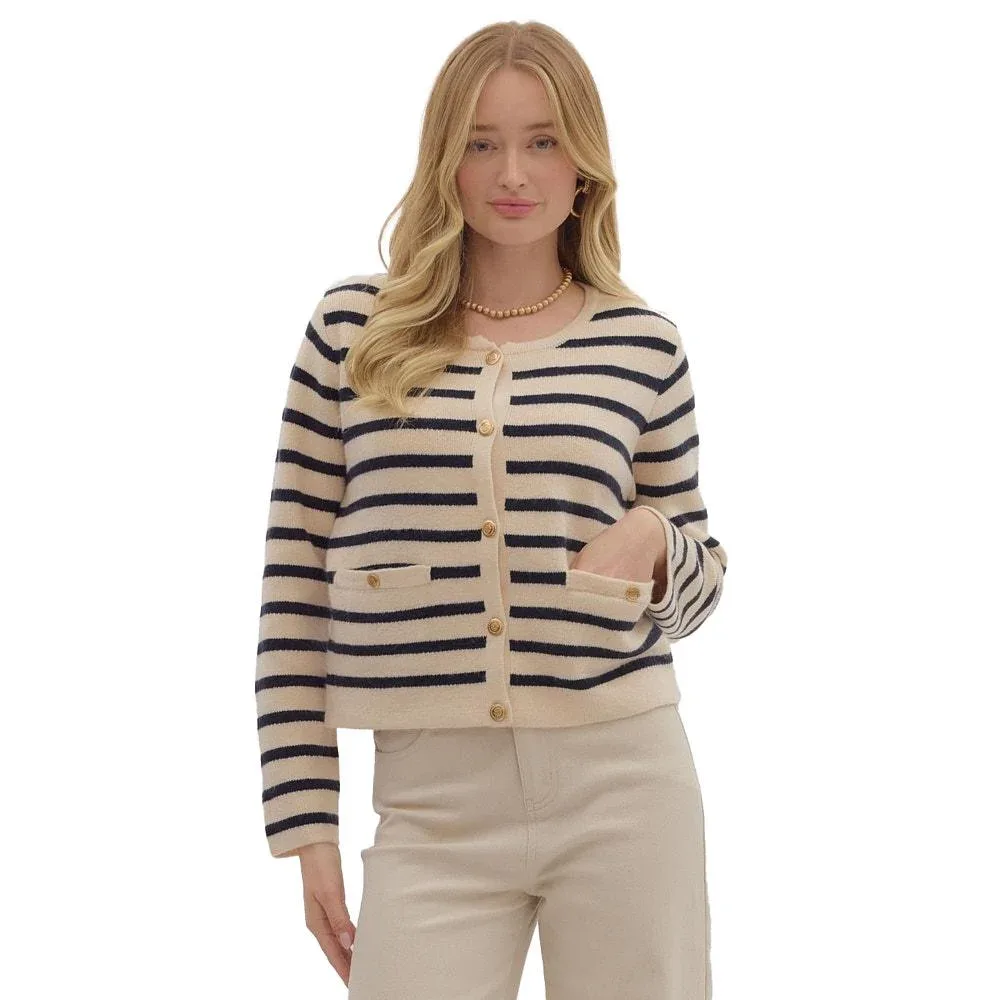 Entro Women's Ecru Striped Button Cardigan Top