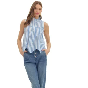 Entro Women's Light Blue Striped Sleeveless Top