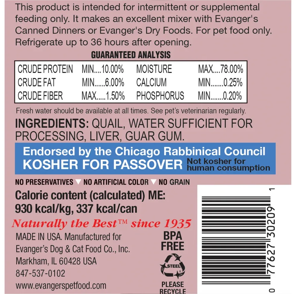 Evangers Grain Free Quail Canned Food for Dogs and Cats - Image 2