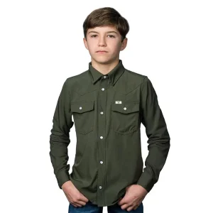 Ferrell Brands Inc Boy's Olive Vented Long Sleeve Pearl Snap Shirt