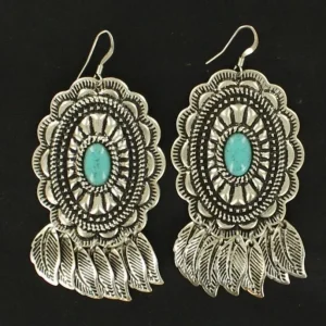 Fishhook Engraved Drop Feather EarringsTurq