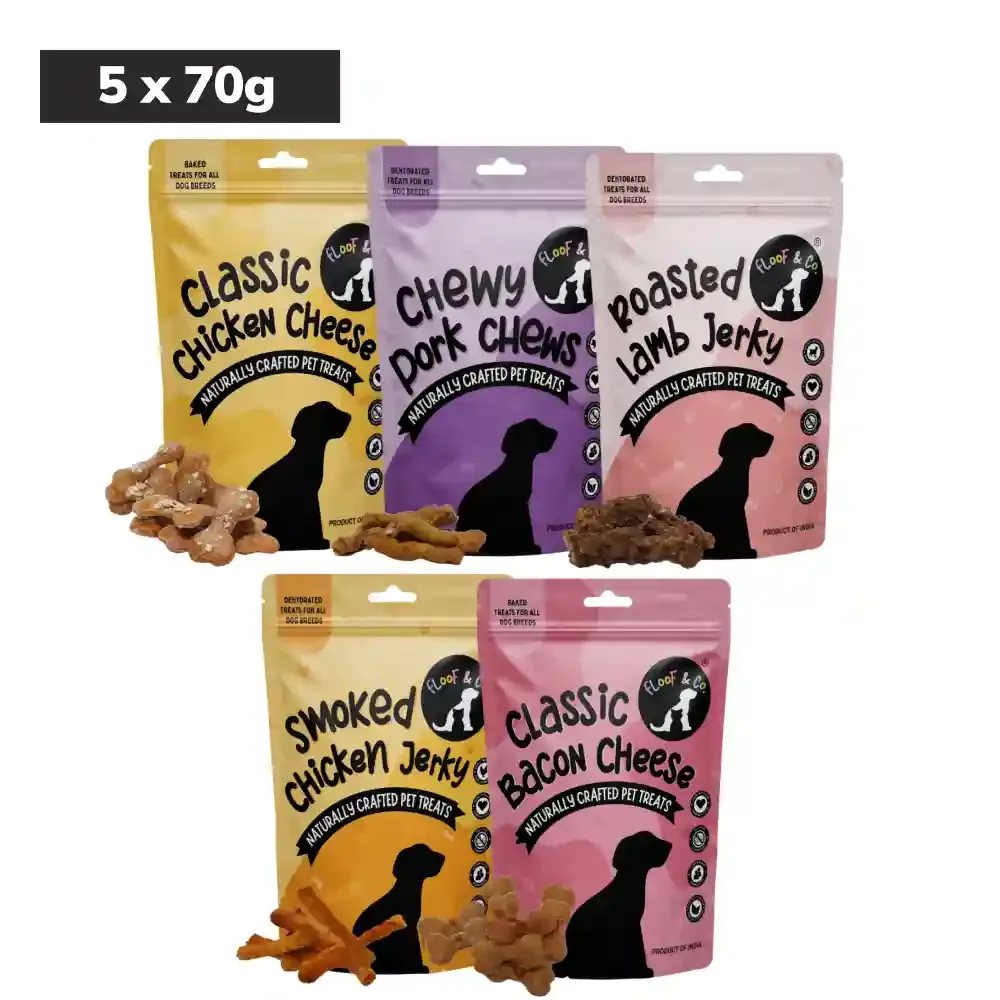 Floof & Co Pork Chew, Bacon Cheese, Chicken Cheese, Roasted Lamb and Smoked Lamb Dog Treats Combo
