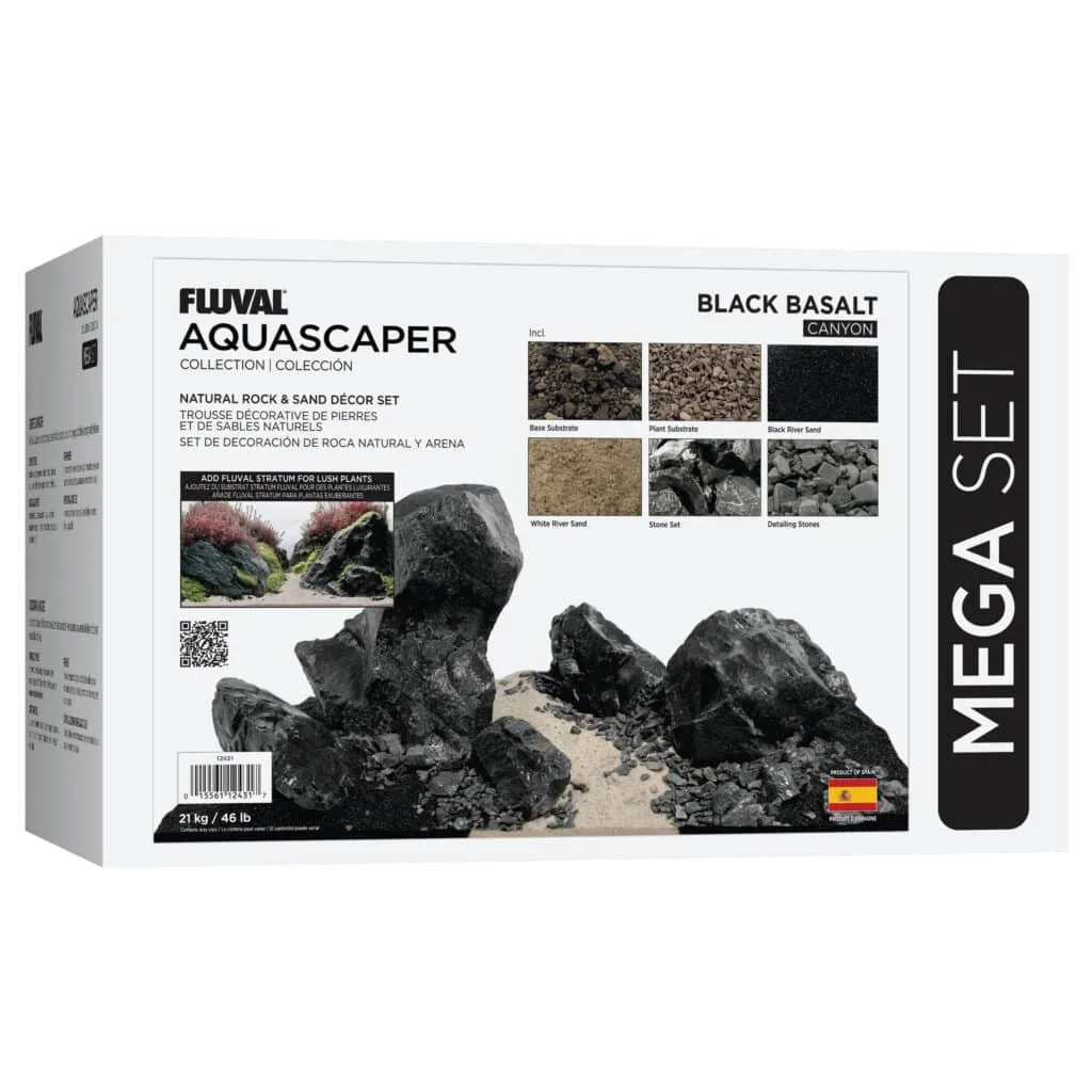 Fluval Aquascaper Natural Rock & Sand Décor Set, Mega, 46 lb / 21 kg, Black Basalt Canyon