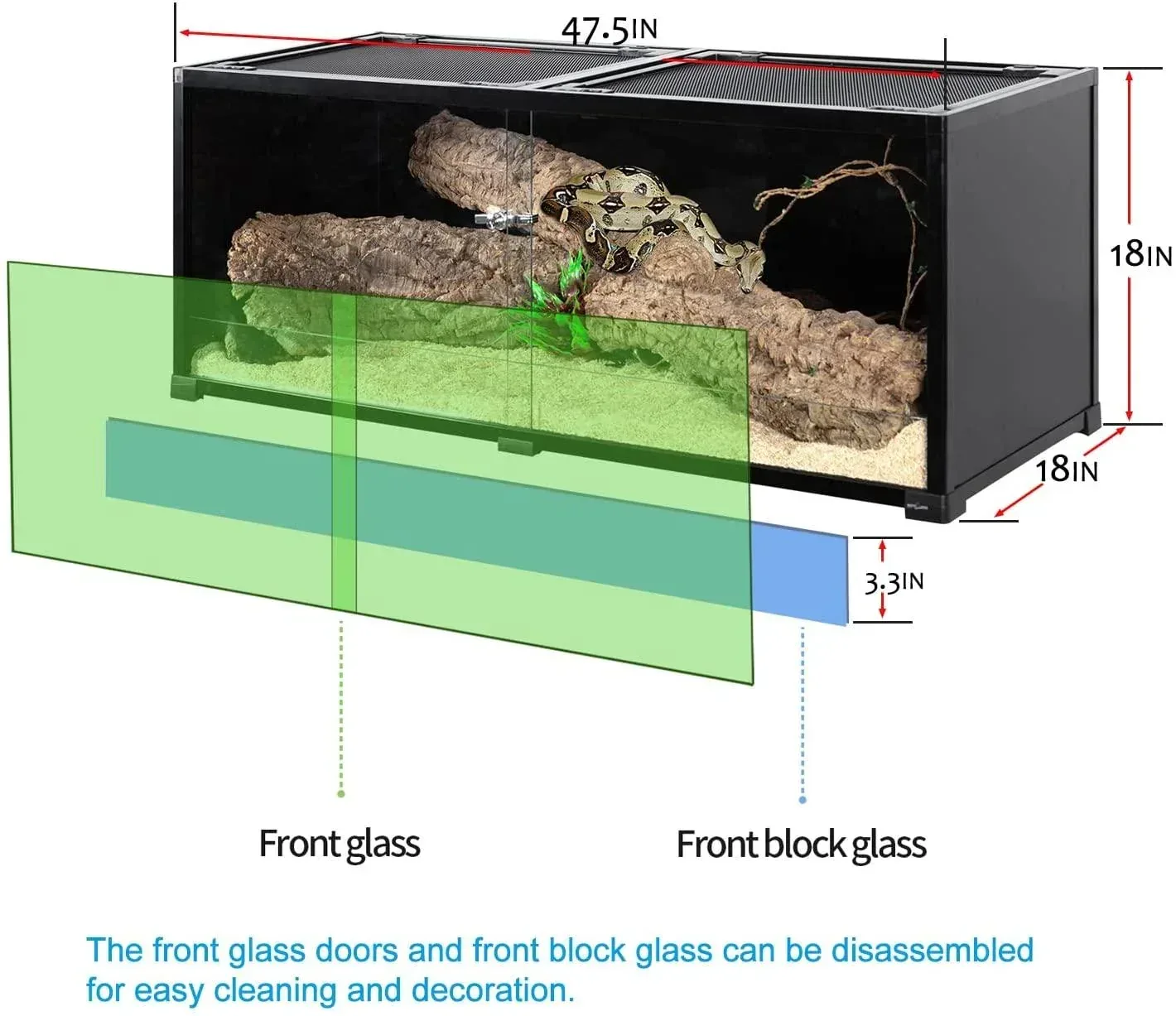 Full Tempered Glass 64 Gallon Reptile Terrarium 48" X 18" X 18", Black-Tinted ECO-Terrarium to Reduce Stress RKF0315B - Image 2