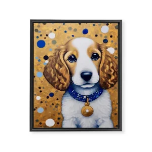 Gustav Klimt Style Puppy Dog with Blue Collar Framed Canvas Print