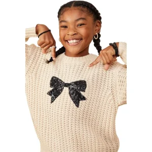 Hayden Girl's Ivory Sequin Bow Patch Sweater