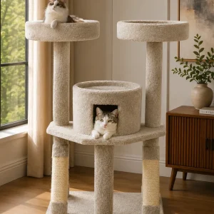 Heavy-Duty Cat Tree with Enclosed House – Solid Wood Tower for Large Cats & Multi-Cat Homes