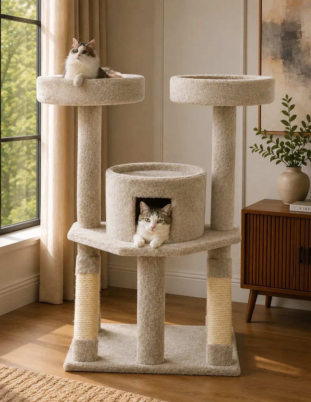 Heavy-Duty Cat Tree with Enclosed House – Solid Wood Tower for Large Cats & Multi-Cat Homes
