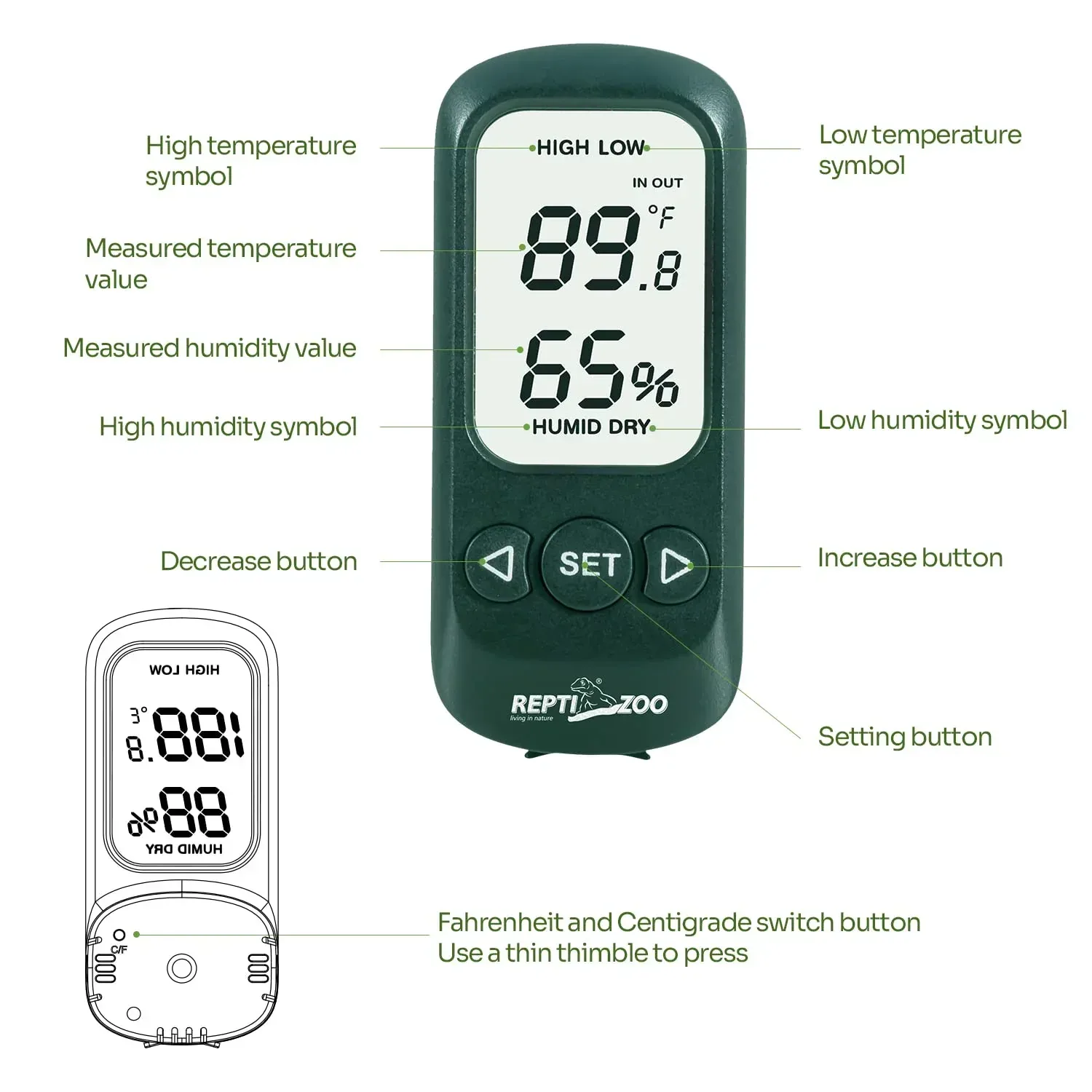 High Presicion Sensitive Digital Thermometer Hygrometer for Reptile Terraium Aquarium with High and Low Alarm Function 3-Sides Mounting - Image 2