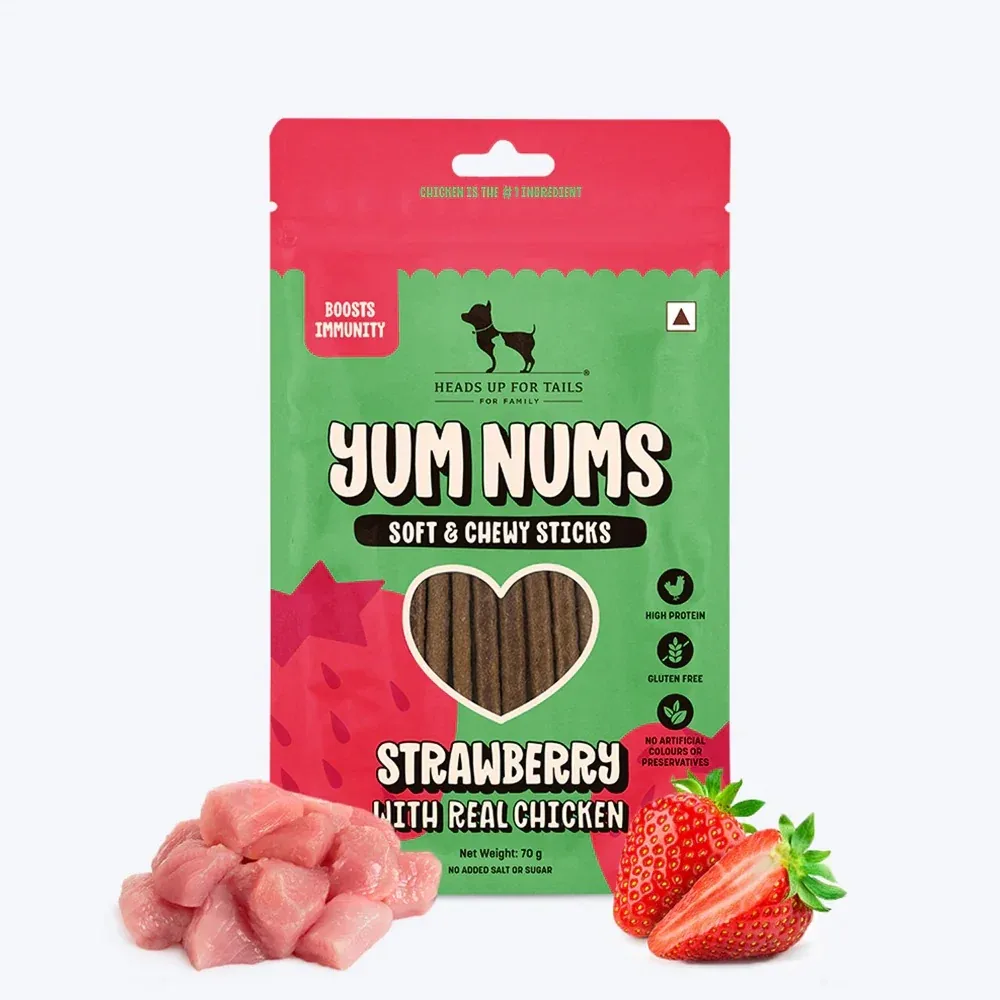 HUFT Yum Nums Soft and Chewy Strawberry with Real Chicken Grain Free Sticks Treats for Dogs