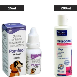 Intas Pomisol Ear Drops 15ml and Virbac Episoothe Oatmeal Shampoo 200ml for Dogs & Cats Combo