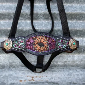 Kk Leathers Pink Purple Turquoise Floral Crystal Bronc Noseband Nylon Halter