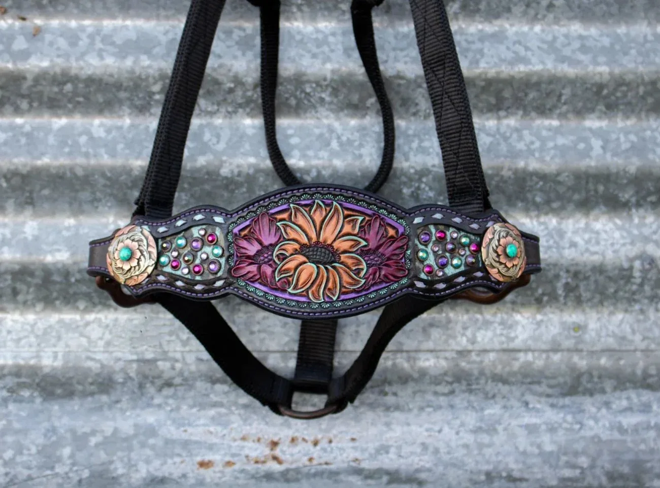 Kk Leathers Pink Purple Turquoise Floral Crystal Bronc Noseband Nylon Halter