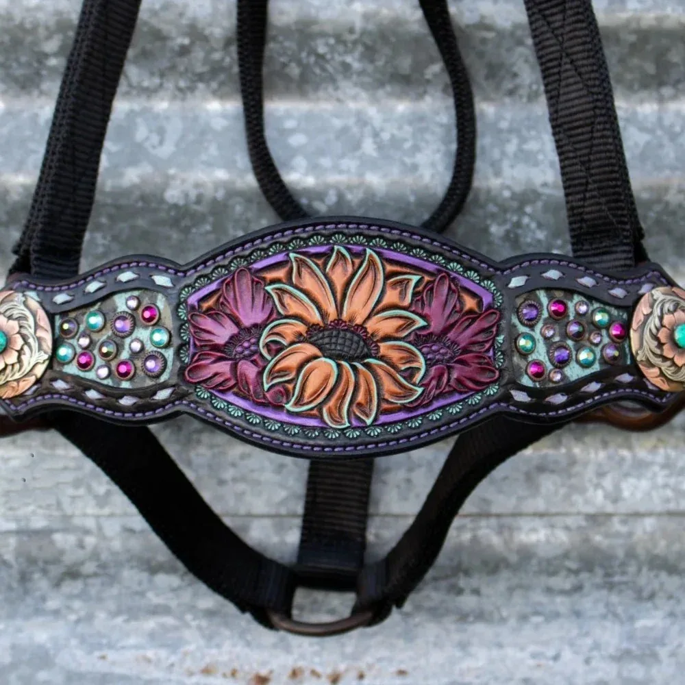 Kk Leathers Pink Purple Turquoise Floral Crystal Bronc Noseband Nylon Halter - Image 2