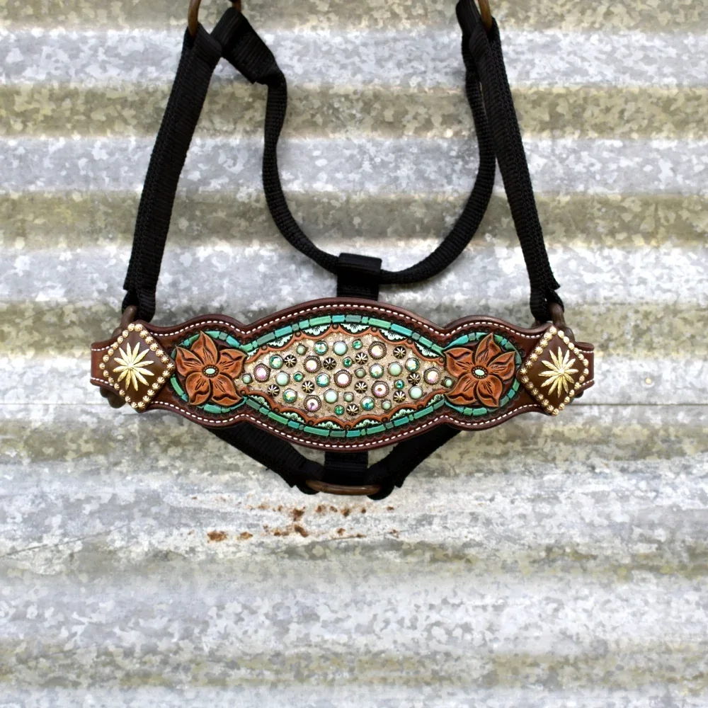 Kk Leathers Turquoise Zuni Crystal Bronc Noseband Nylon Halter