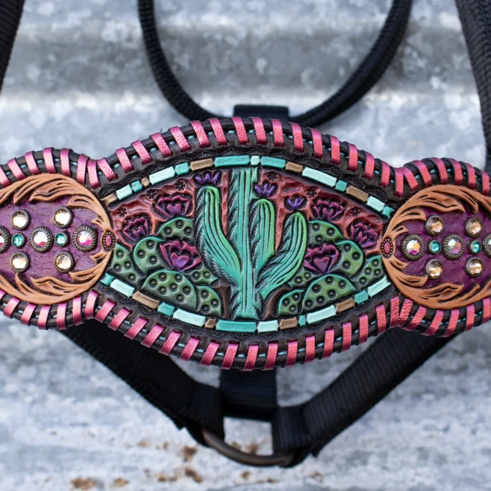 Kk Leathers Whipstitch Prickly Pear Cactus Crystal Bronc Noseband Nylon Halter - Image 2