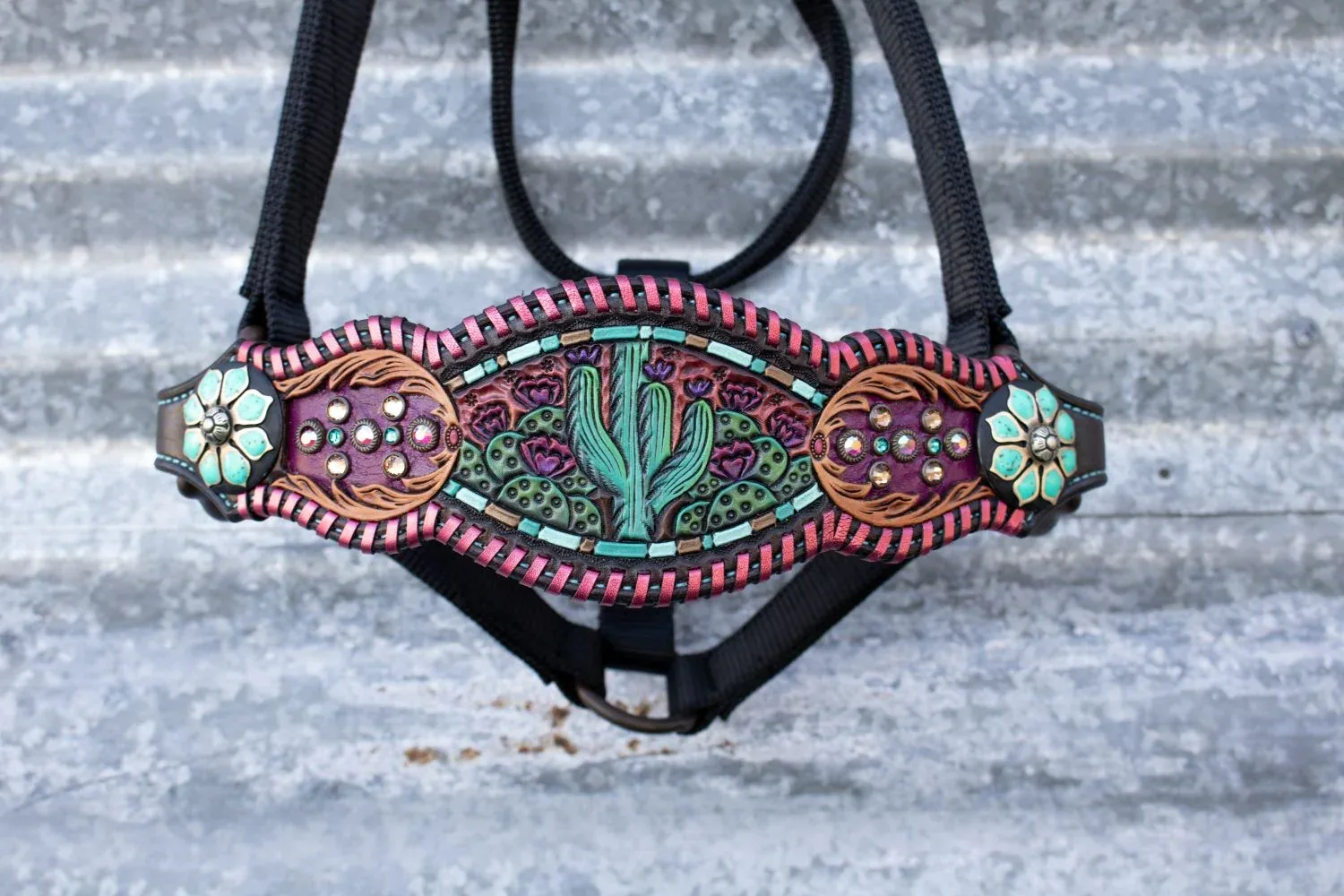 Kk Leathers Whipstitch Prickly Pear Cactus Crystal Bronc Noseband Nylon Halter