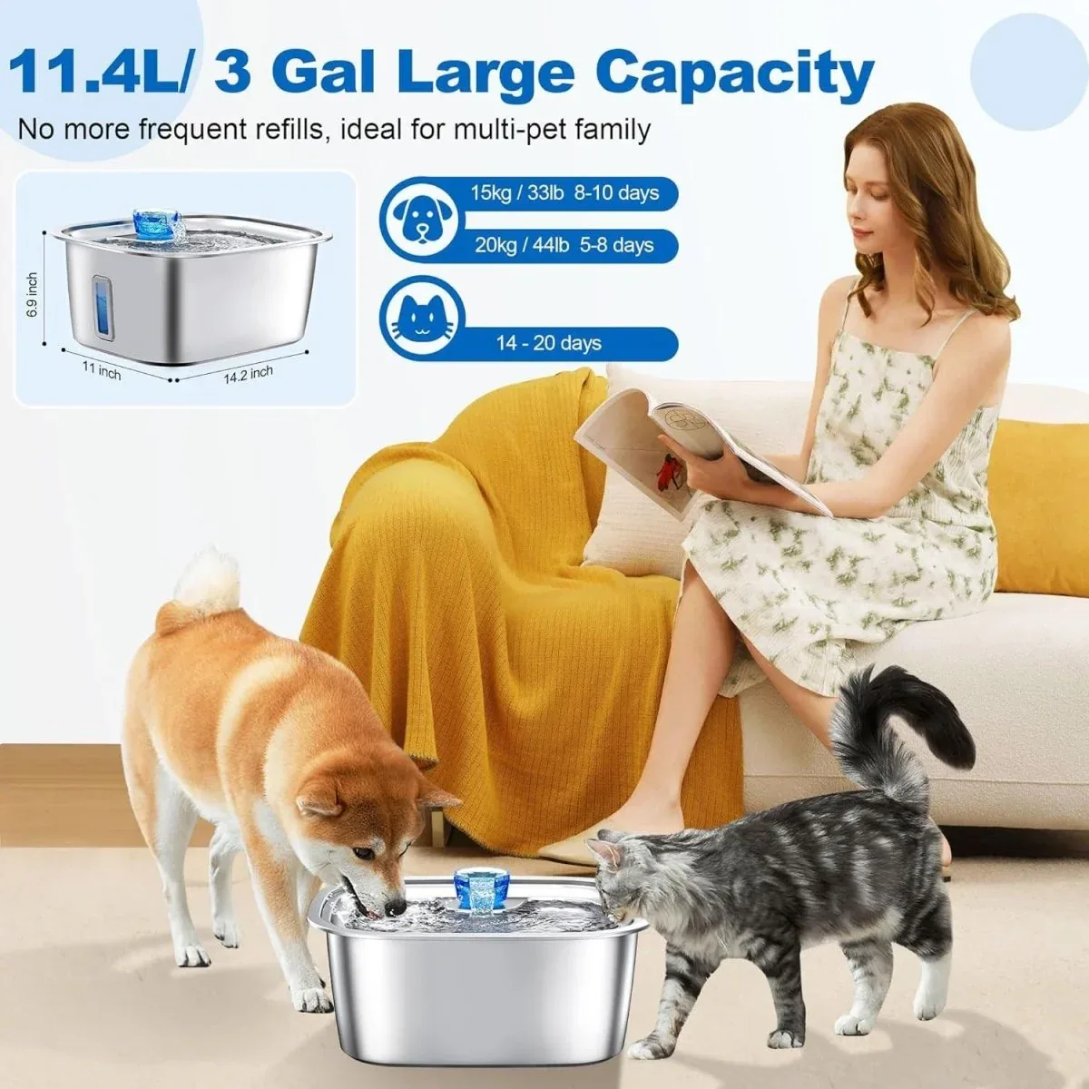 LESOTC 3-Gallon Stainless Steel Dog Water Fountain with Visible Water Level Window - Image 2