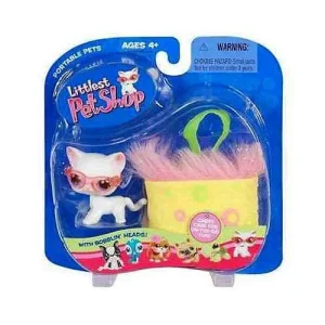 Littlest Pet Shop Portable Pets Cat Figure White Shorthair with Pink Sunglasses Carry Case Hasbro Toys