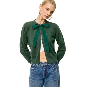 Mimosa Women's Hunter Green Chiffon Bow Tie Knit Cardigan