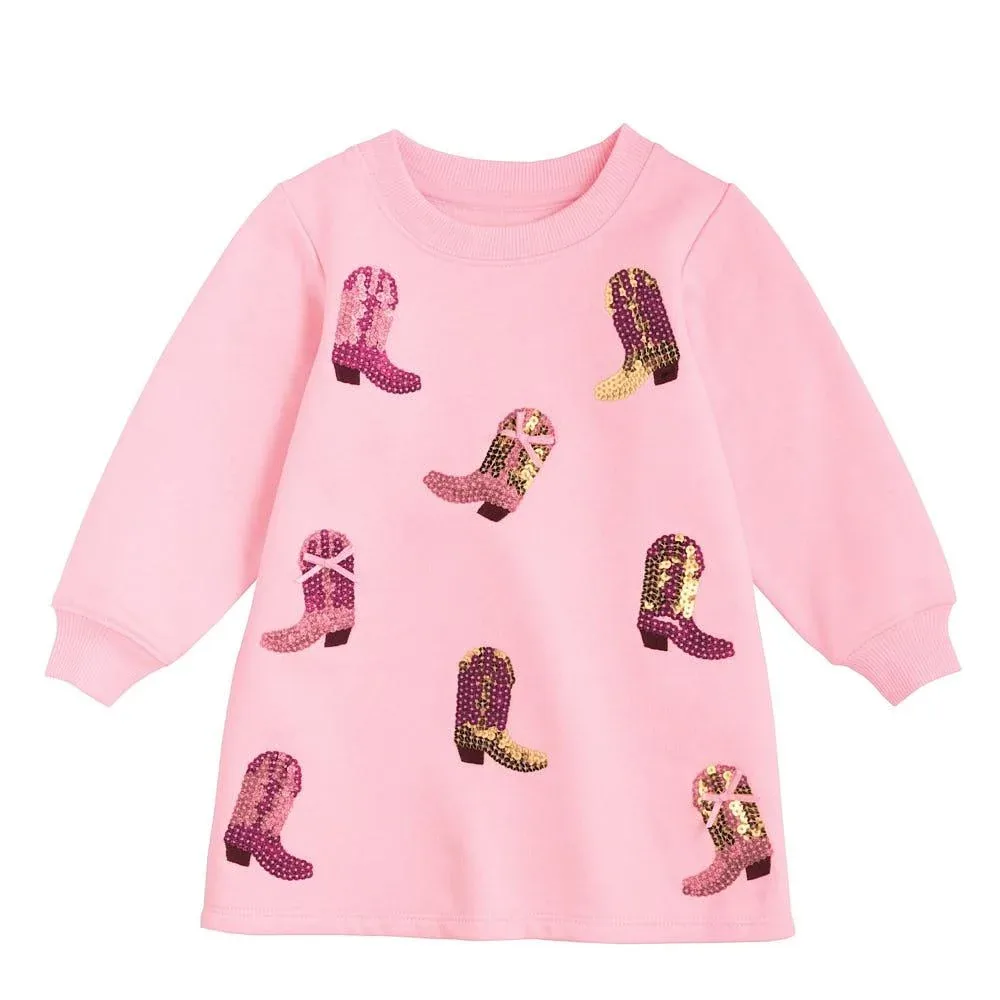 Mud Pie Girl's Pink Sequin Boot Sweatshirt Dress