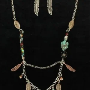 Multi Feather Beads Necklace/Earrings SetBk/Wh