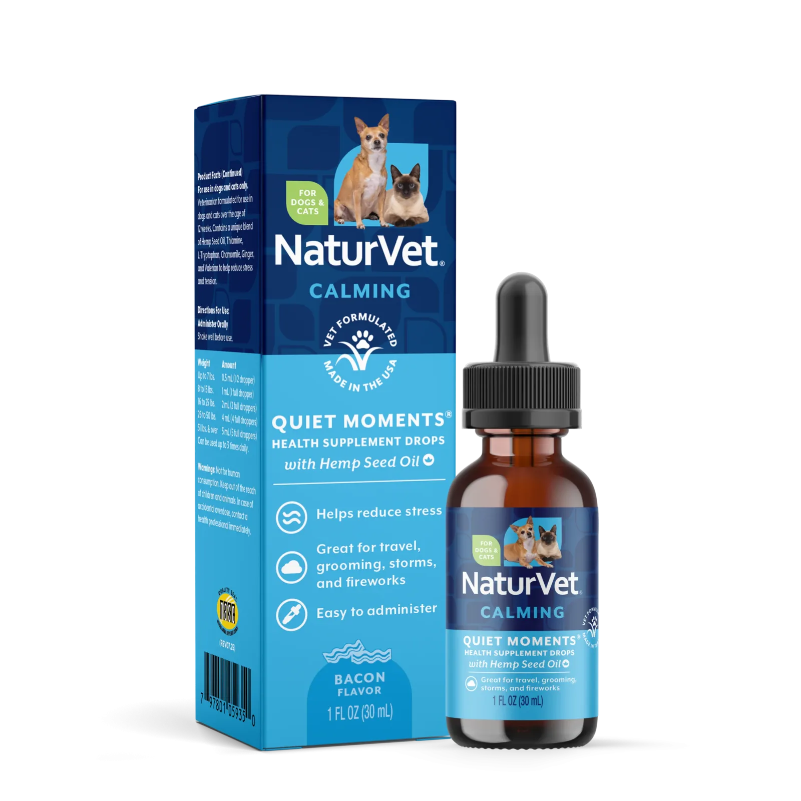 NaturVet Quiet Moments with Hemp Seed Oil Calming Supplement Drops for Dogs and Cats, Bacon Flavor, 1 fl oz