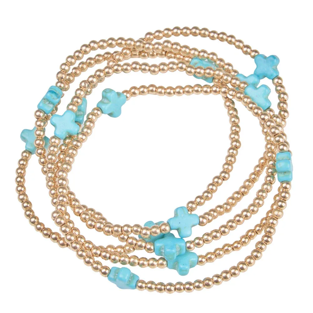 NRS Gold & Turquoise Cross Beaded Stretch Bracelet - Image 2