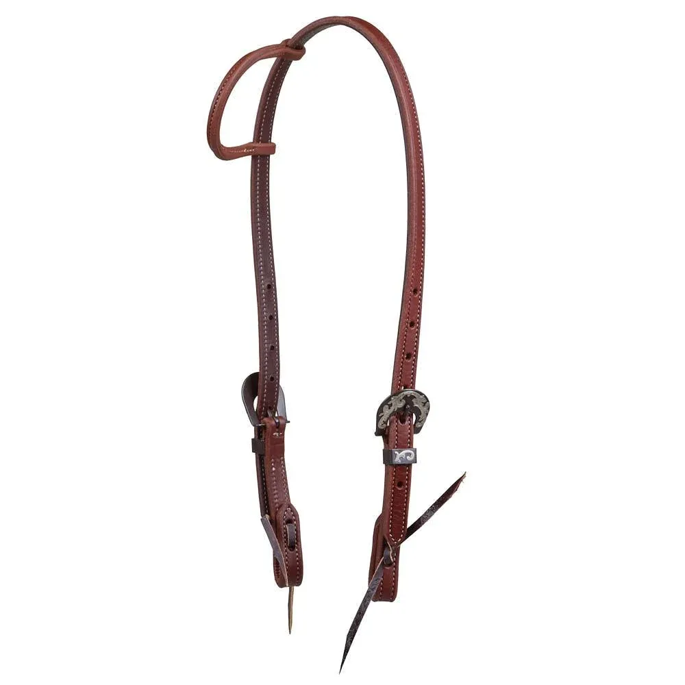 NRS Heavy Oil Stitched Single Ear Headstall with Floral Engraved Heel Buckle