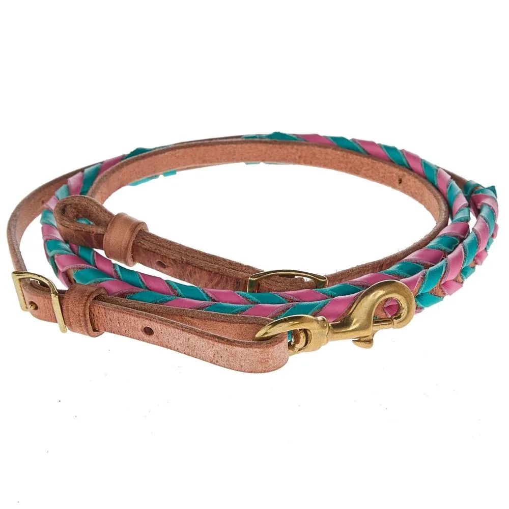 NRS TACK 5/8in Pink and Turquoise Laced Barrel Reins