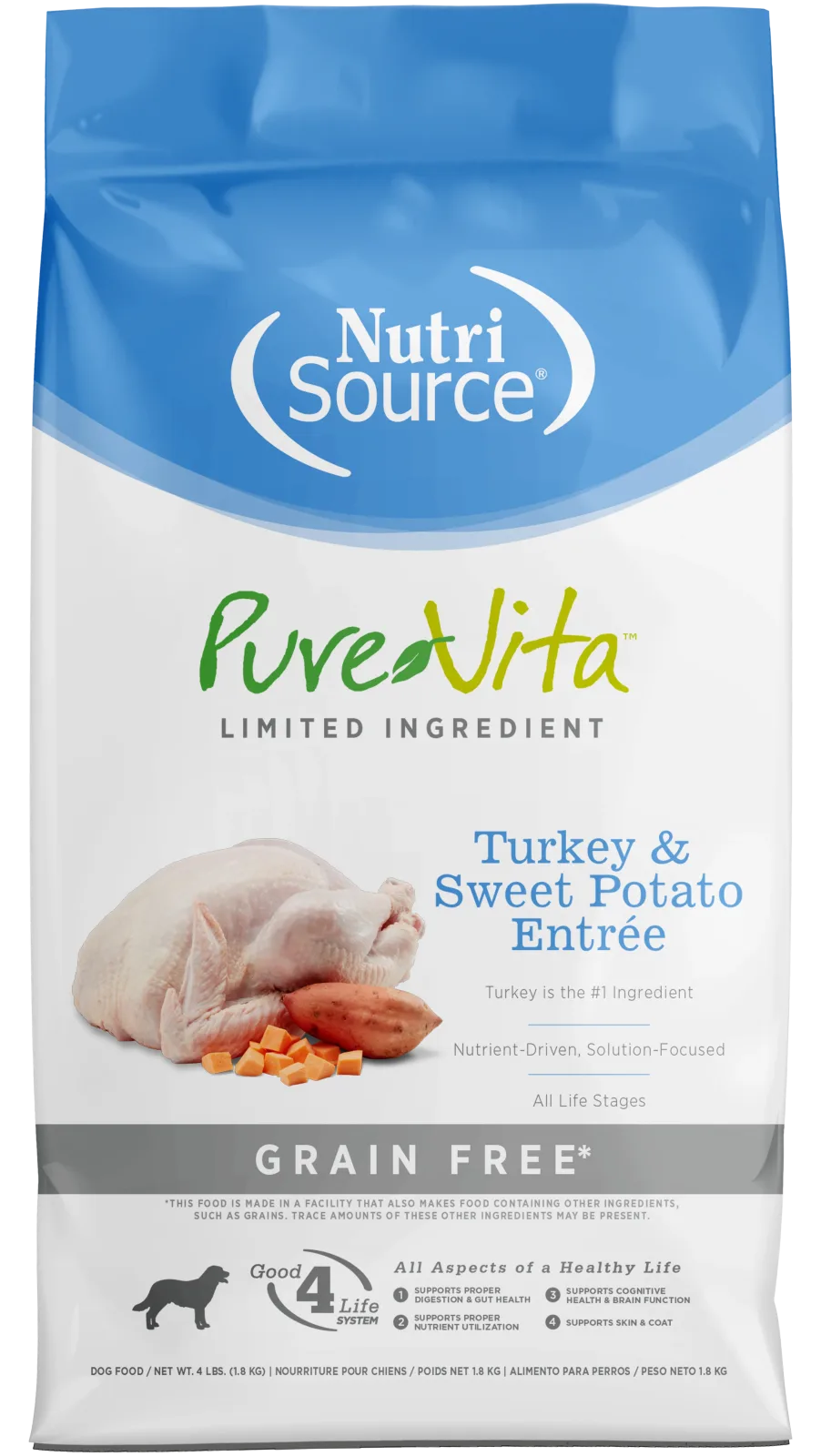 NutriSource PureVita LID Grain Free Dry Dog Food Turkey & Sweet Potato Entrée 4 lb