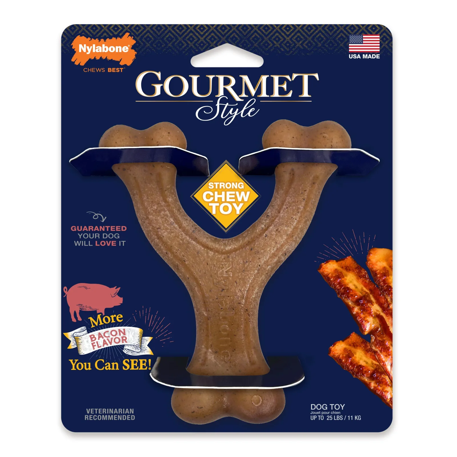 Nylabone Gourmet Style Strong Chew Wishbone Dog Chew Toy Bacon, Small/Regular up to 25 lb. 1 ct