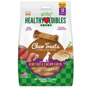 Nylabone Healthy Edibles All-Natural Long Lasting Roast Beef and Chicken Flavor Chew Treats 12 Count Variety Pack Small/Regular (D)