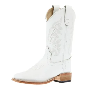 Old West Children`s All White Square Toe Leather Sole Boot