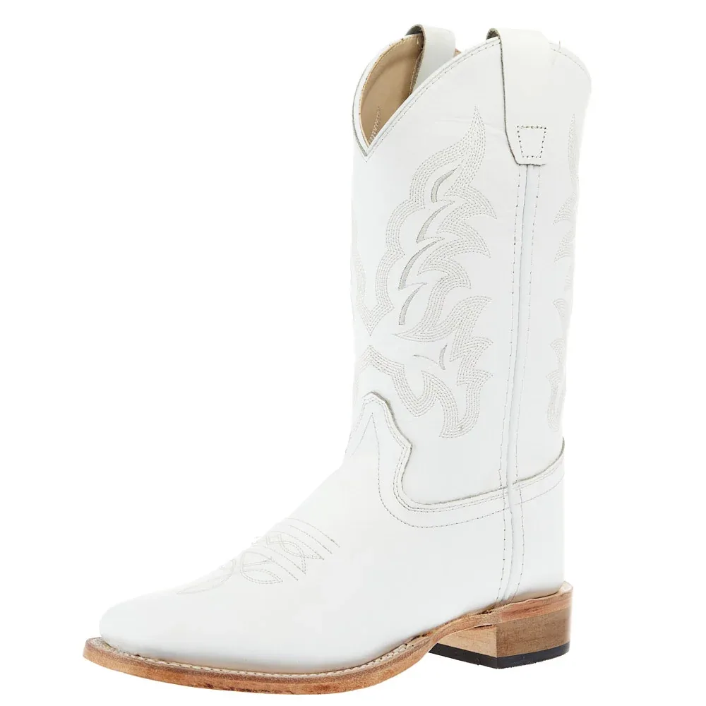 Old West Youth All White Square Toe Leather Sole Boot