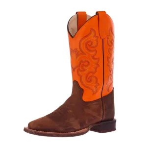 Old West Youth Brown Square Toe with Neon Orange Shaft Boot